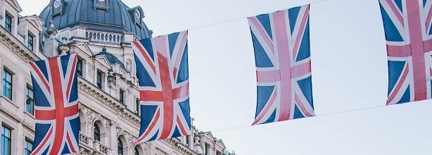 union jacks hanging from building